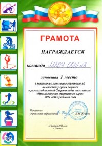I место в муниципальном этапе по волейболу среди девушек